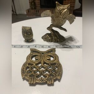 Lot of 3 brass owls owl on branch small owl hot plate owl